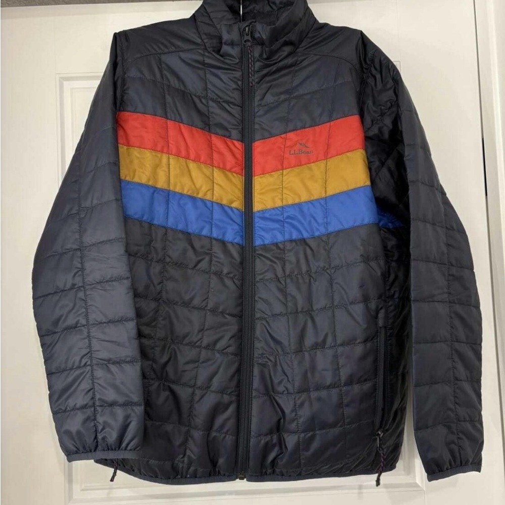 L.L. Bean Men's Black Puffer Jacket with Red, Yellow, and Blue Stripes